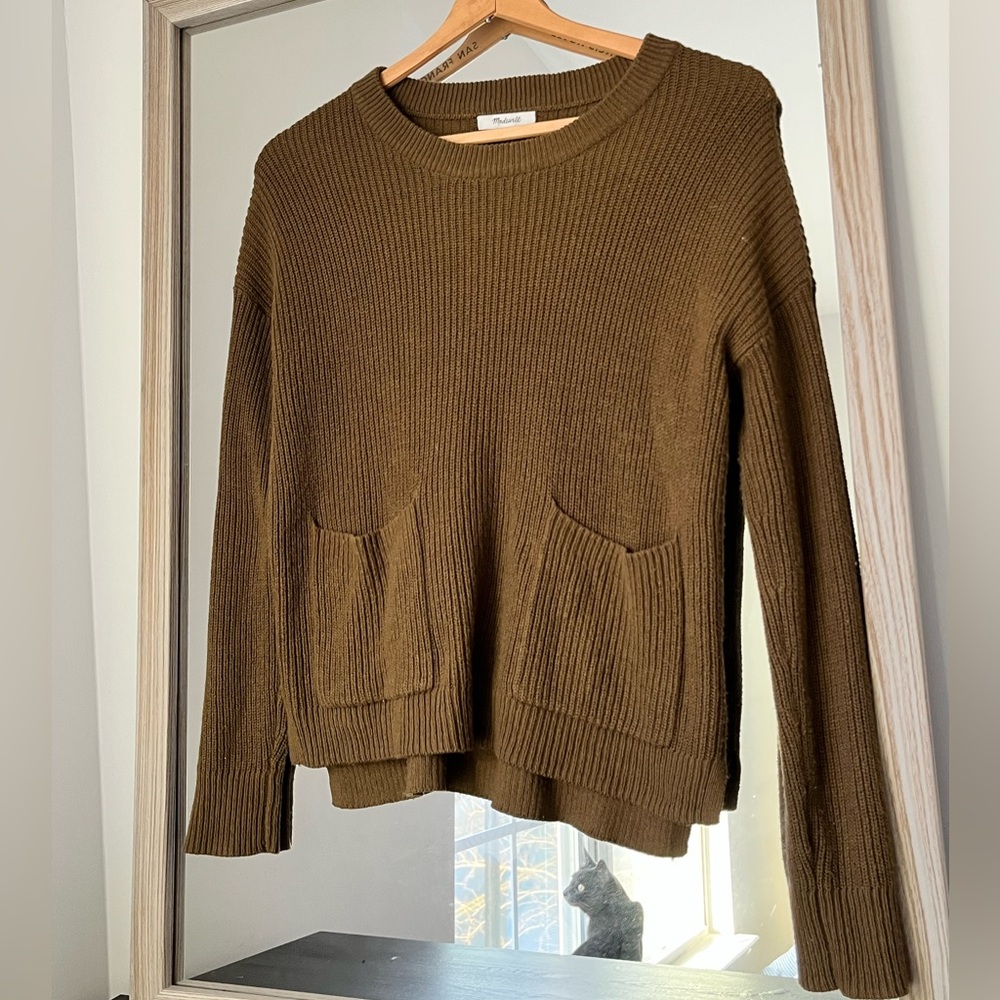Madewell Patch 2 Pocket Ribbed Round Neck Cotton Blend Sweater